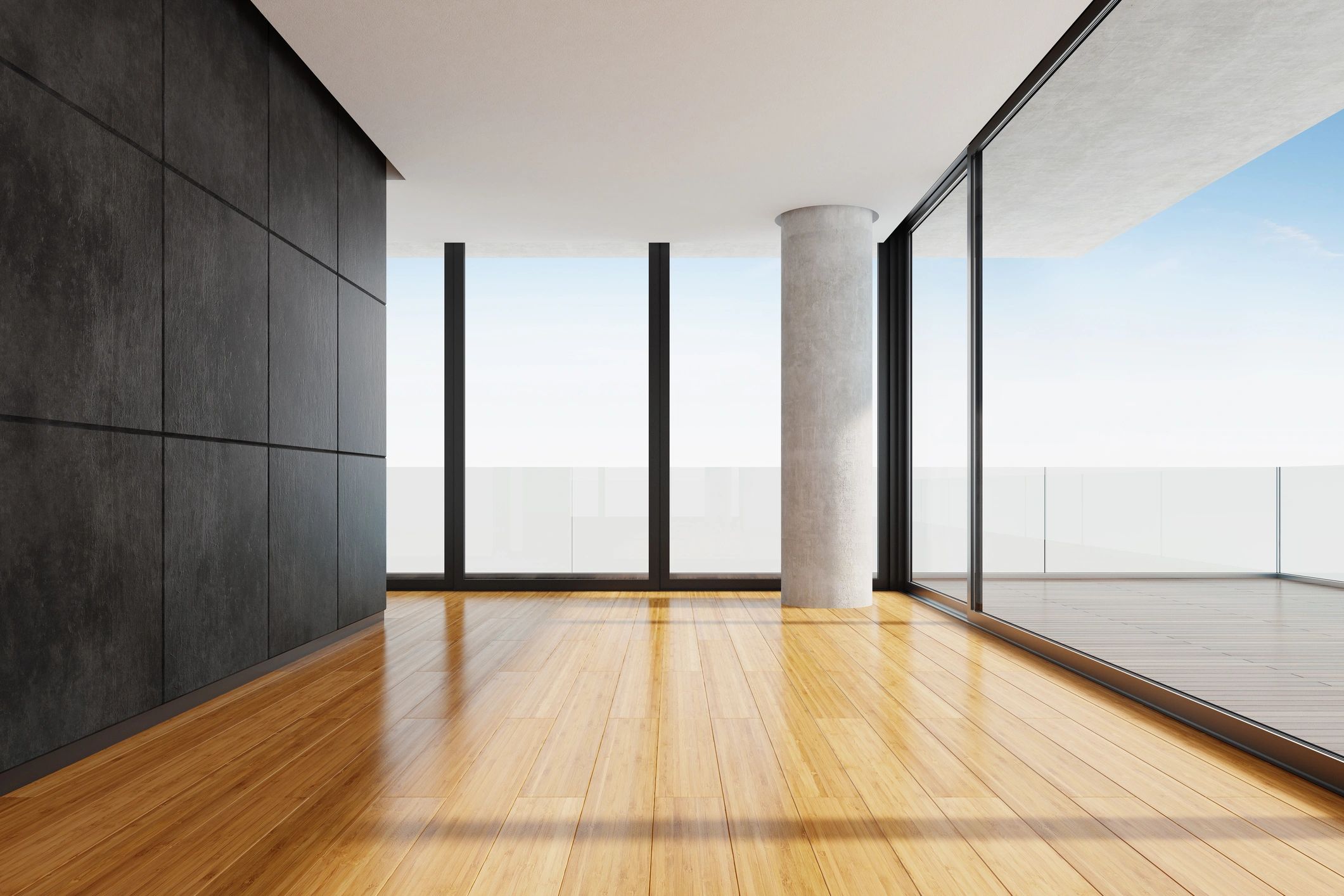 Bright modern interior with large glass windows and clean architectural lines